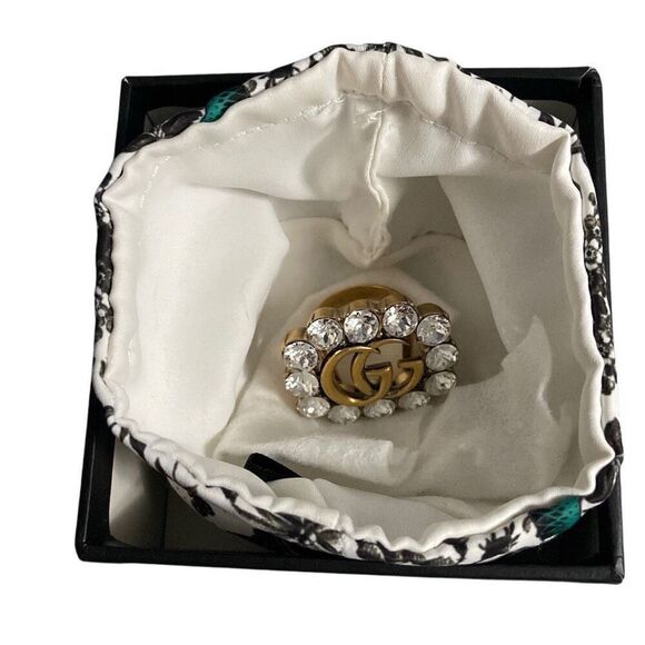 Gucci Double G Crystal Stone Aged Gold Metal Band 12 Stones Ring Size M/7 - Picture 4 of 14